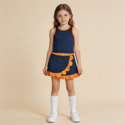 RTS NO MOQ yoga fabric cotton GSD4017 Baby Girls Navy Orange Vest Scallop Skirt Short Yoga Active Clothes Set