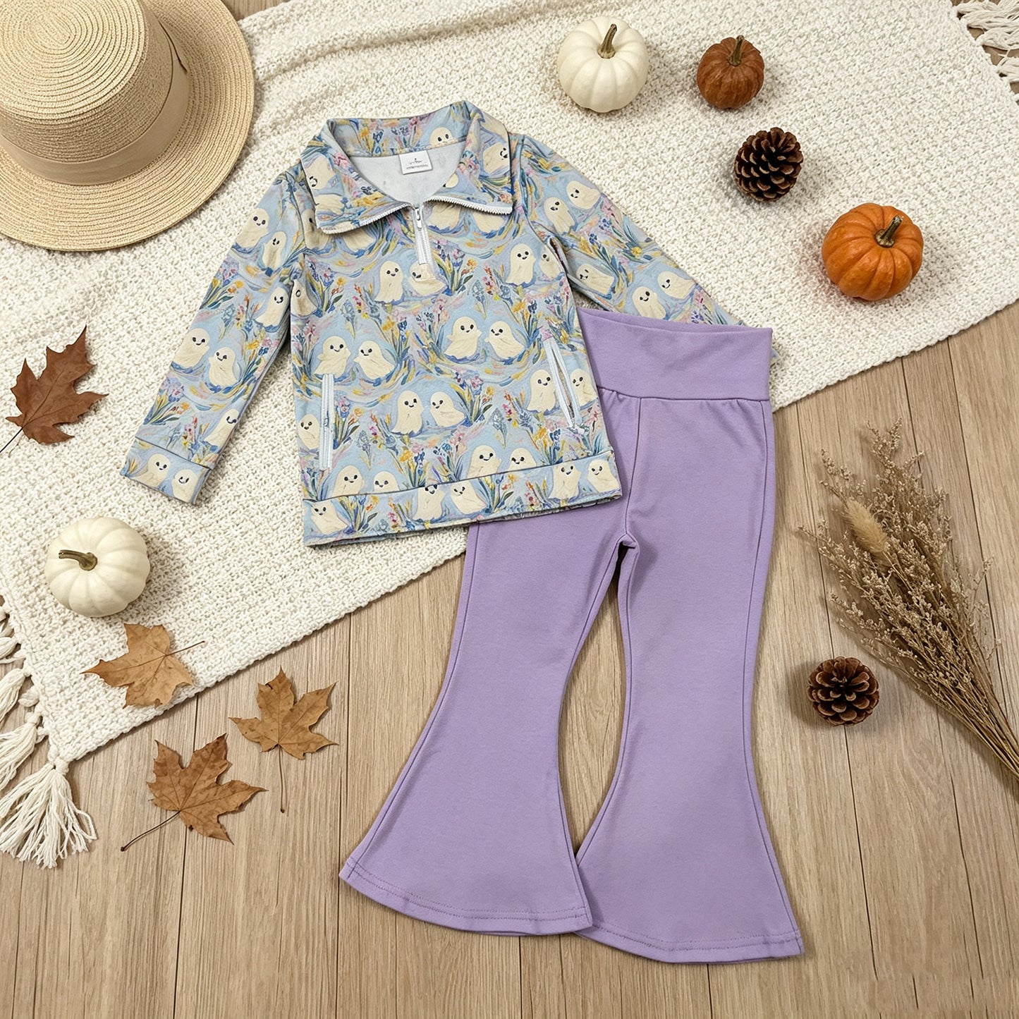 NEW RTS NO MOQ milk silk GLP3506 Baby Girls Ghosts Zip Pockets Pullovers Purple Flare Pant Halloween Clothes Set