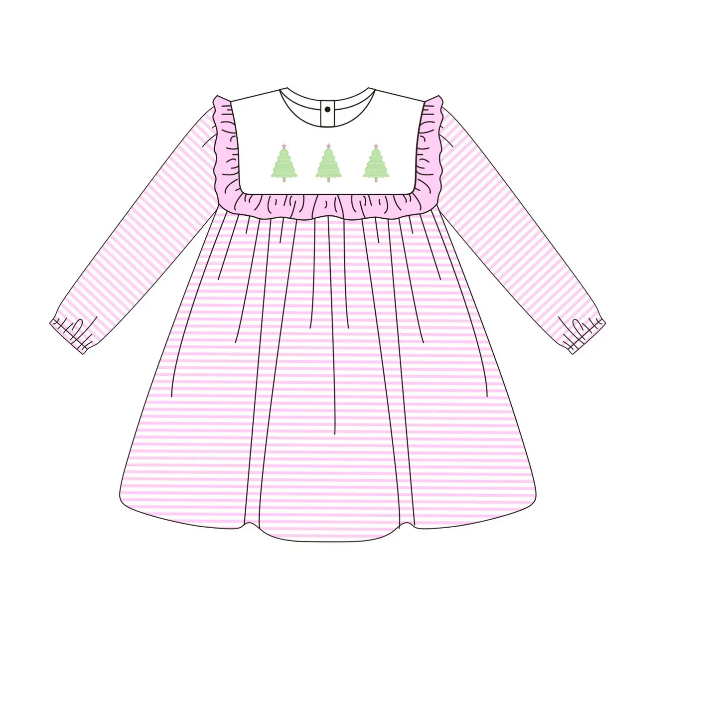 Custom moq 3 eta 7/8week moq 5 eta /4/5week Green Christmas tree pattern pink square neck striped long sleeve dress