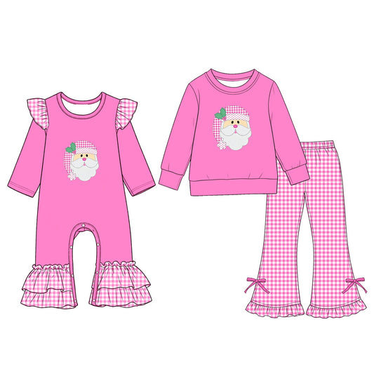 (Preorder new) No moq Baby Girls Pink Santa Claus Print Long Sleeve Sweatshirt Pink Gingham Ruffle Bow Flare Pants Set Rompers