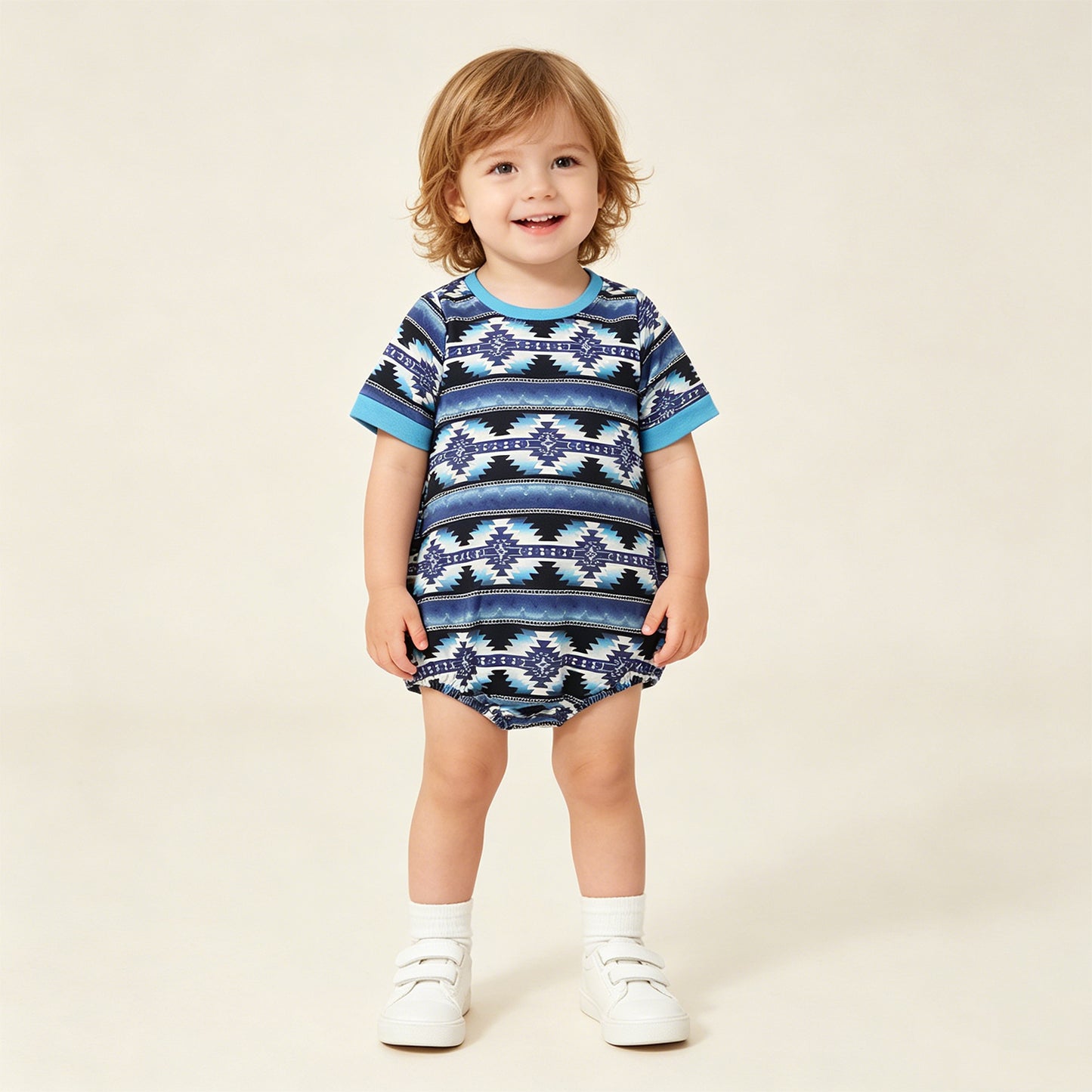 RTS NO MOQ milk silk SR3709 Baby Boys Cute Western Aztec Print Short Sleeve Rompers
