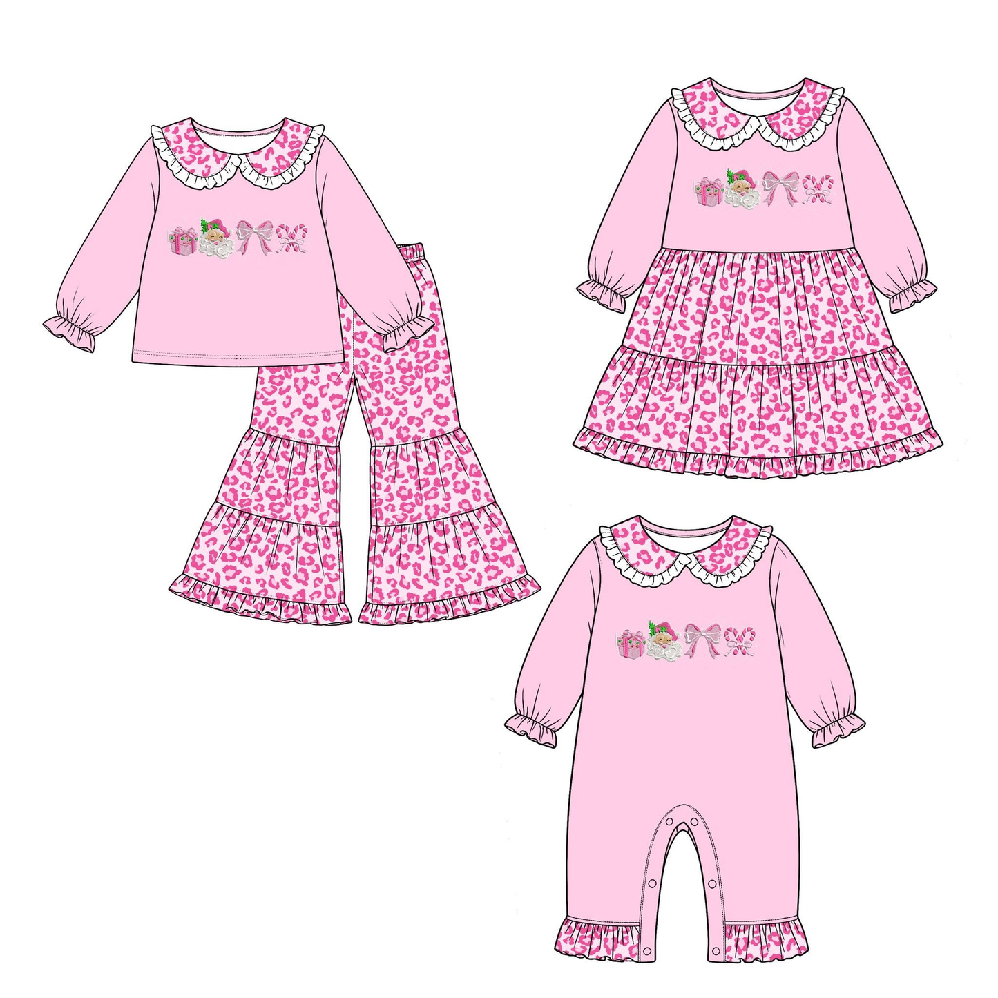 (Preorder new) No moq Baby Girls milk silk Christmas leopard print Ruffled Collar long sleeve sets dress romper