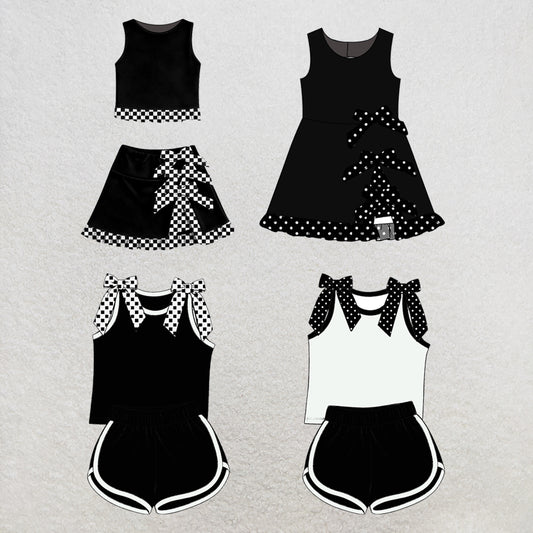 custom moq 5 mix size Baby Girls Black Bow Sleeveless Top Shorts Sets Vest Top Bows Skirt Shorts Sets Dress Yoga Active Scallop Sets