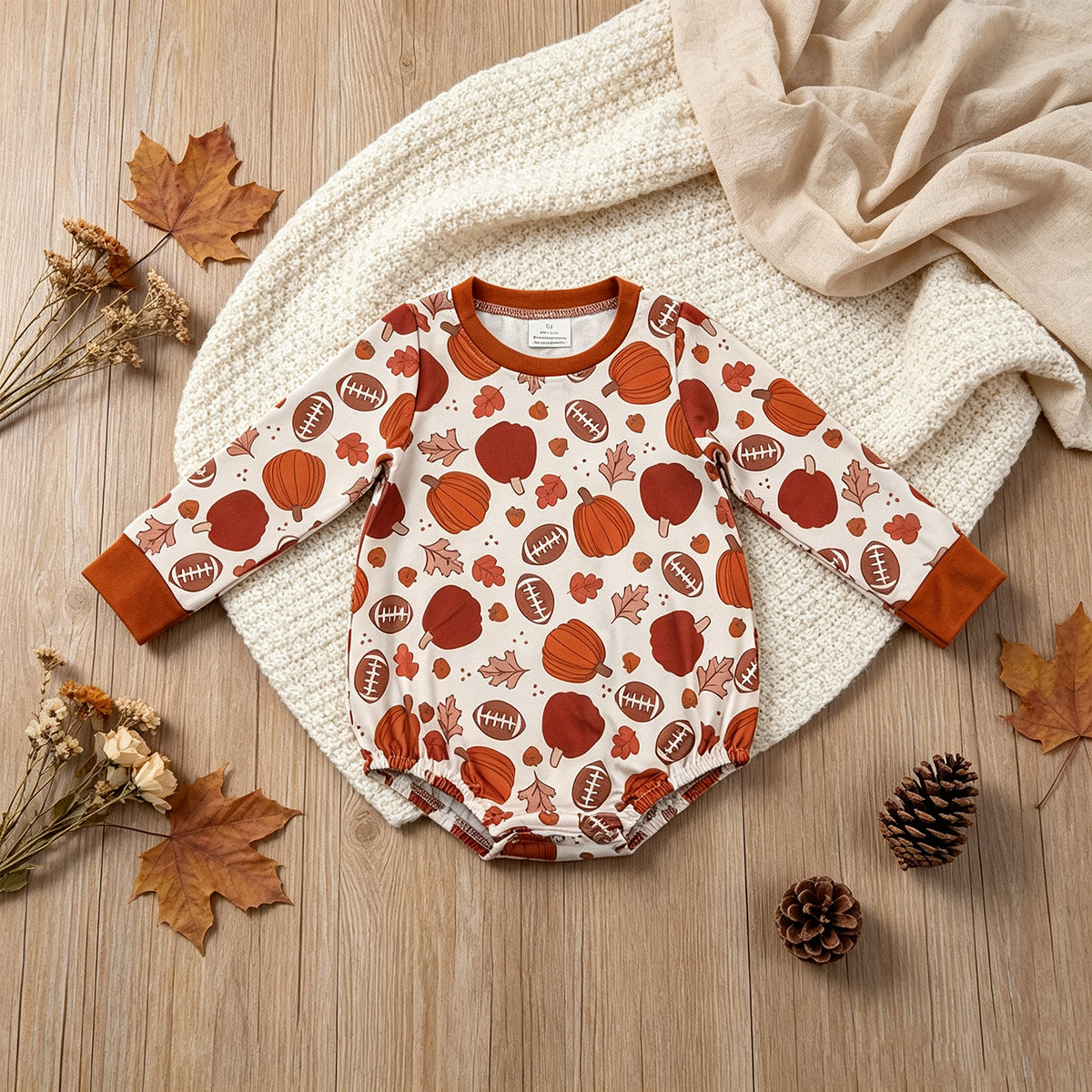 NEW RTS NO MOQ milk silk LR3235 Baby Boys Football Pumpkins Long Sleeve Fall Cute Romper