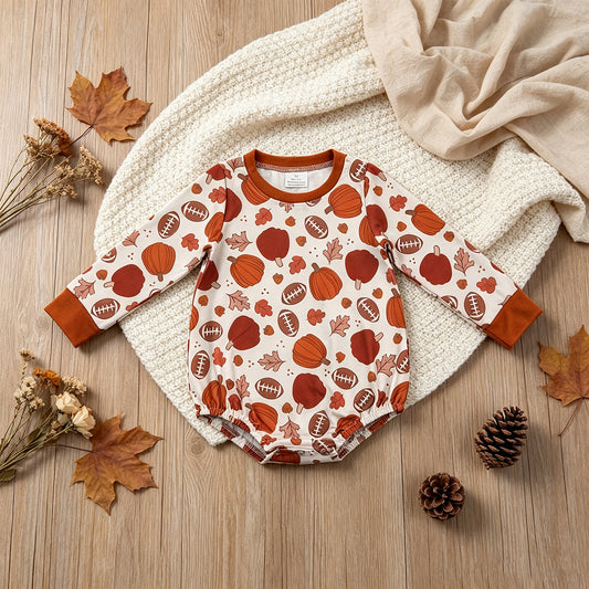 NEW RTS NO MOQ milk silk LR3235 Baby Boys Football Pumpkins Long Sleeve Fall Romper