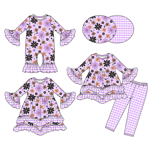 25.6.10 custom each style moq 5eta 4-6week Sibling Sisters floral purple baby girl long sleeve pants sets and dress and rompers match family design