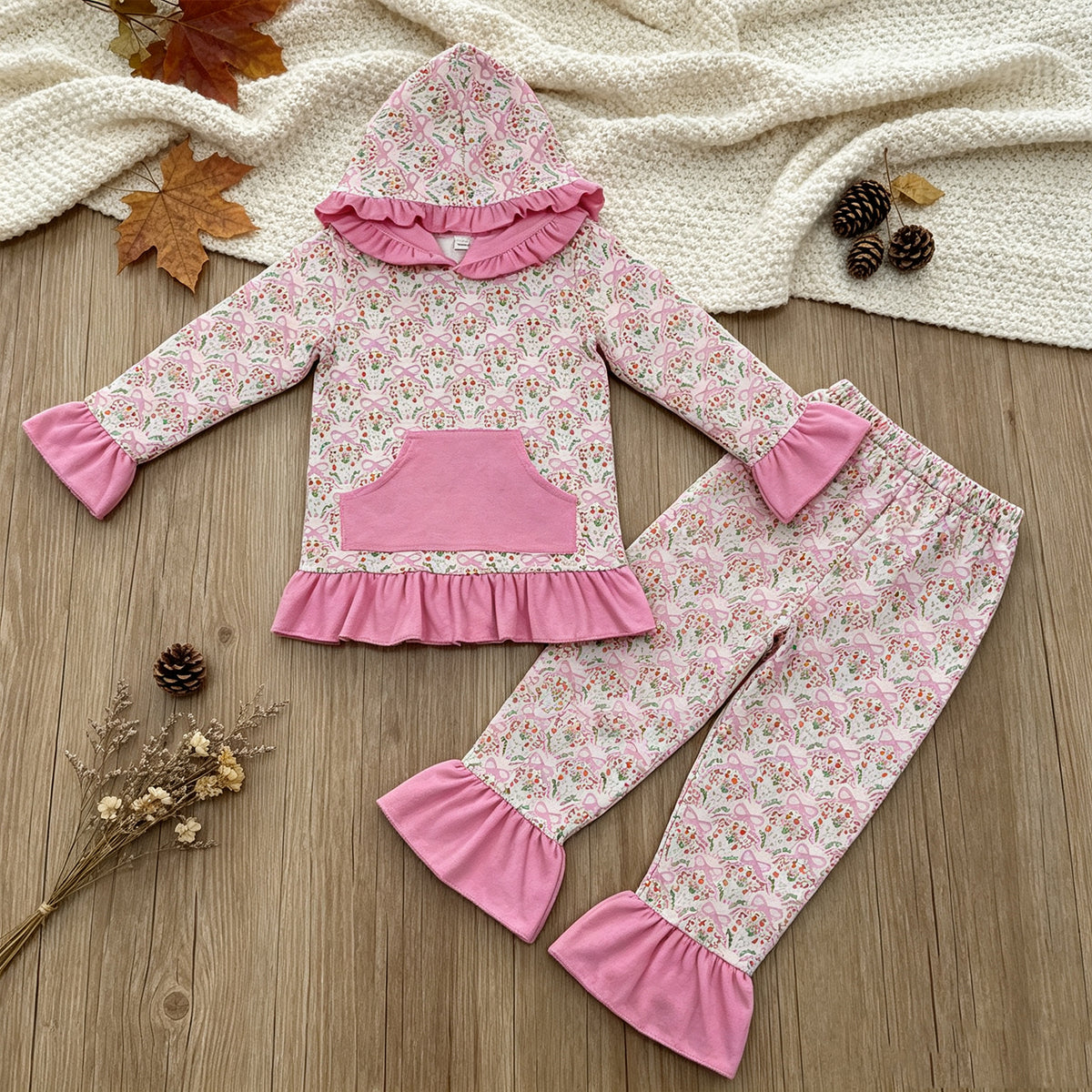 NEW RTS NO MOQ milk silk GLP3520 Baby Girls Bows Flowers Pocket Ruffle Hoodie Pants Clothes Sets