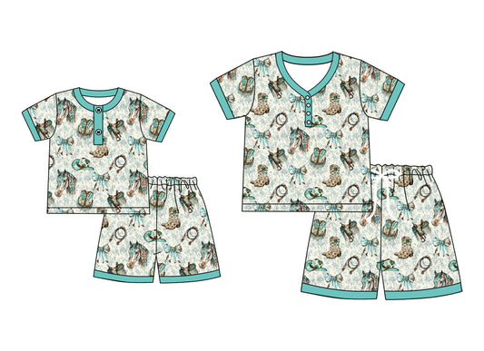 4.23 custom each style moq 5eta 4-6week Sibling Sister boots bow horse short sleeve shorts sets and adult sets match design