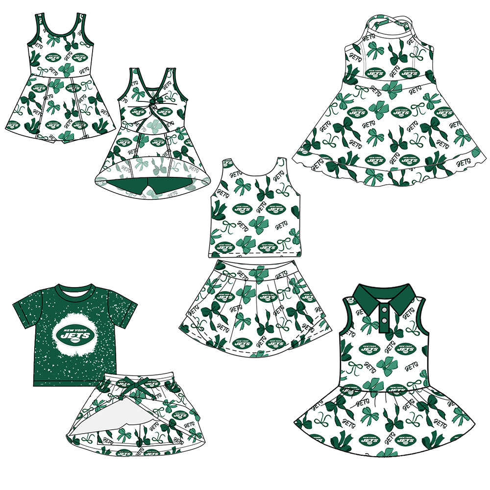 Custom moq 5 mix sizes summer teams baby girls clothes team green short sleeve skirts shorts sets 1 and skirts sets 2 and and skirts sets 2 and dress 1 and dress 2 and dress 3 and dress 4-25.6.6