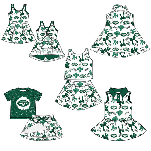 Custom moq 5 mix sizes summer teams baby girls clothes team green short sleeve skirts shorts sets 1 and skirts sets 2 and and skirts sets 2 and dress 1 and dress 2 and dress 3 and dress 4-25.6.6