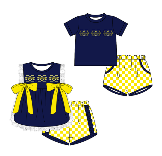 Custom moq 5 mix size milk silk summer teams Navy Blue Girl Sleeveless Top And Plaid Shorts Set with Bow Boy Short Sleeved Top And Plaid Shorts Set