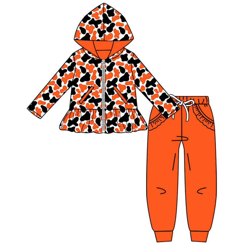 Custom moq 5 mix size milk silk summer teams baby girls clothes camouflage orange hooded long sleeve pants sets 2 and boy pants sets and pant-25.8.9