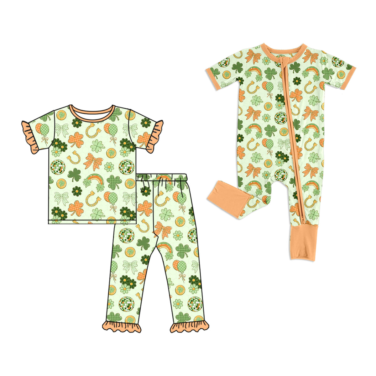 (Preorder new) No moq Baby Girls Green Print Ruffle Short Sleeve Pajama Set Zipper Short Sleeve Romper