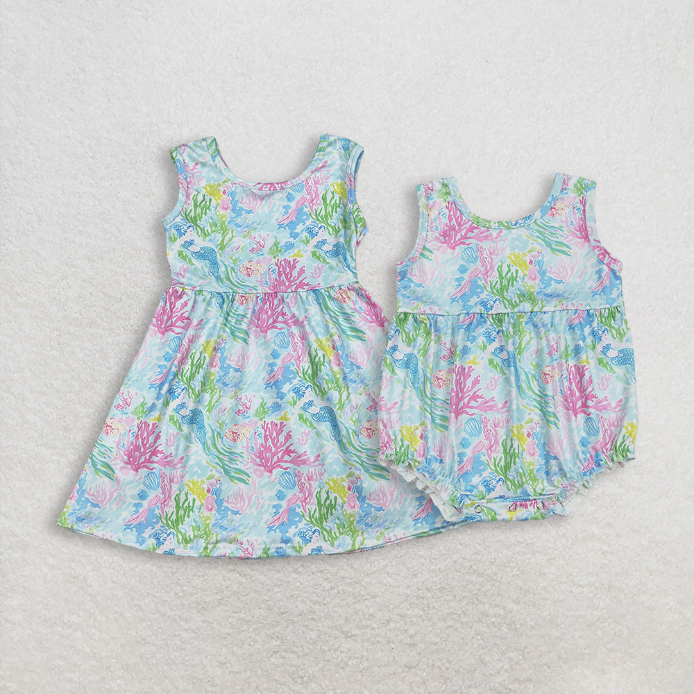 RTS NO MOQ Sibling Baby Girls Sleeveless Colorful Sea Plant Print Knee-Length Dress Rompers for Infants