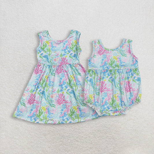 RTS NO MOQ Sibling Baby Girls Sleeveless Colorful Sea Plant Print Knee-Length Dress Rompers for Infants