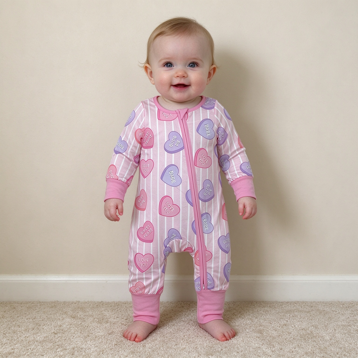 NEW RTS NO MOQ milk silk LR3325 Baby Girls Pink Stripe LOVE YOU Hearts Print Two Way Zip Convertible Valentines Rompers