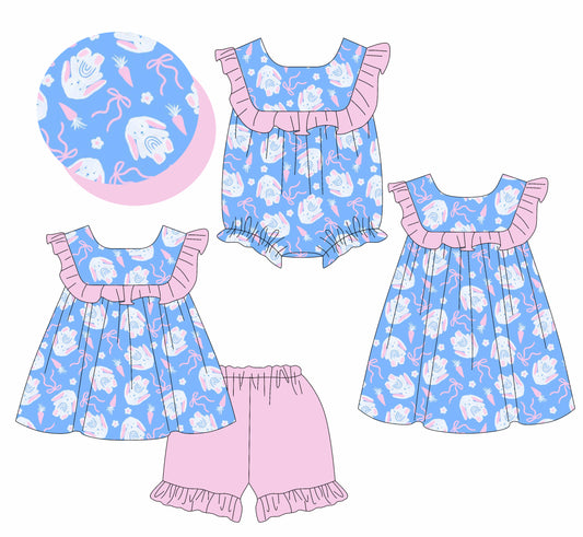 26.1.15 custom each style moq 5 eta 6-8week Sibling Sister bunny bow baby short sleeve shorts sets and romper and dress match design