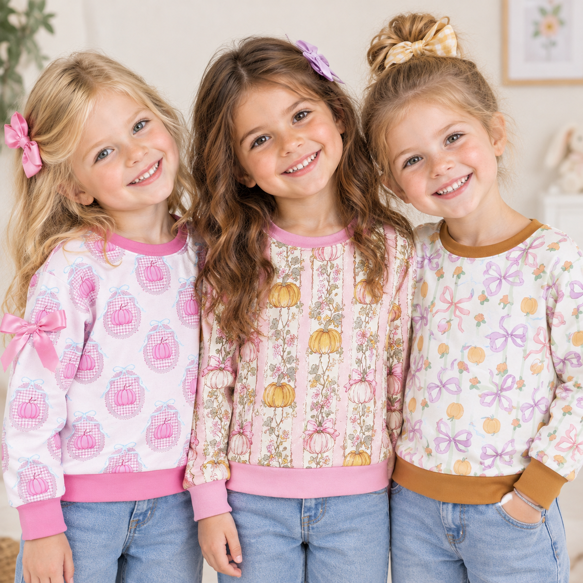 RTS NO MOQ Sibling milk silk Baby Girls Cute Fall Pumpkin Bow Print Long Sleeve Top With Sleeve Bow