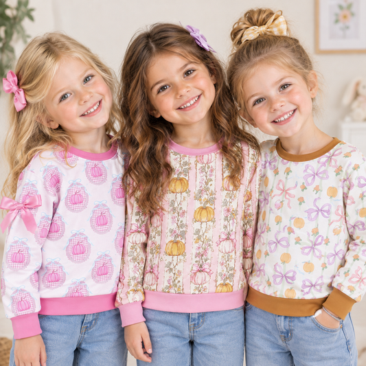 RTS NO MOQ Sibling milk silk Baby Girls Cute Fall Pumpkin Bow Print Long Sleeve Top With Sleeve Bow