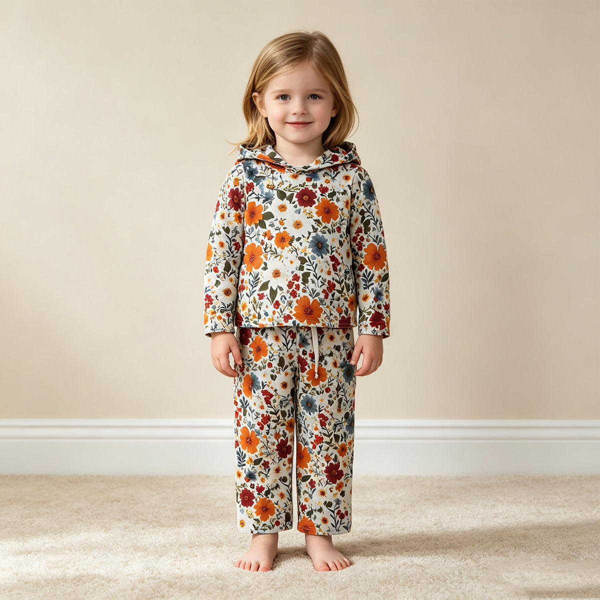 NEW RTS NO MOQ milk silk GLP3321 Baby Girls Colorful Flowers Pocket Hoodie Pant Clothes Set