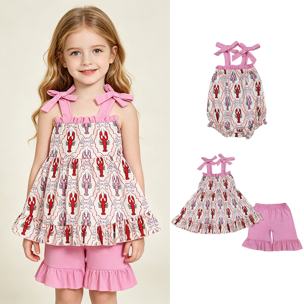 RTS NO MOQ Sibling Baby Girls Checked Strap Bows Crayfish Tunic Ruffle Shorts Outfit Set Infants Romper Outfit