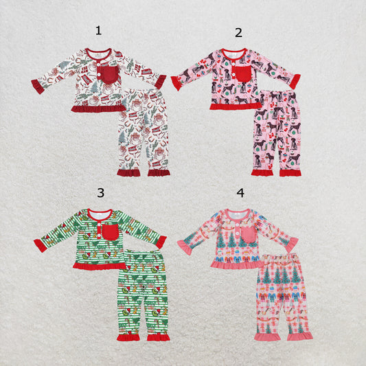 RTS NO MOQ Sibling milk silk Baby Girls Christmas Pocket Shirt Pants Pajamas Clothes Sets