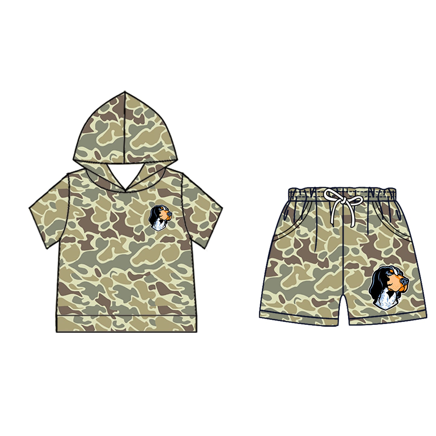 Custom moq 5 mix size milk silk summer teams Baby Camo Hooded Short Sleeve Top and Shorts Set Ice Cream Drips Orange Hooded Top with Matching Shorts