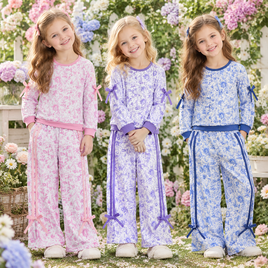 RTS NO MOQ Sibling milk silk Baby Girls Floral Print Bow Sleeve Top Side Bow Stripe Pant Matching Set