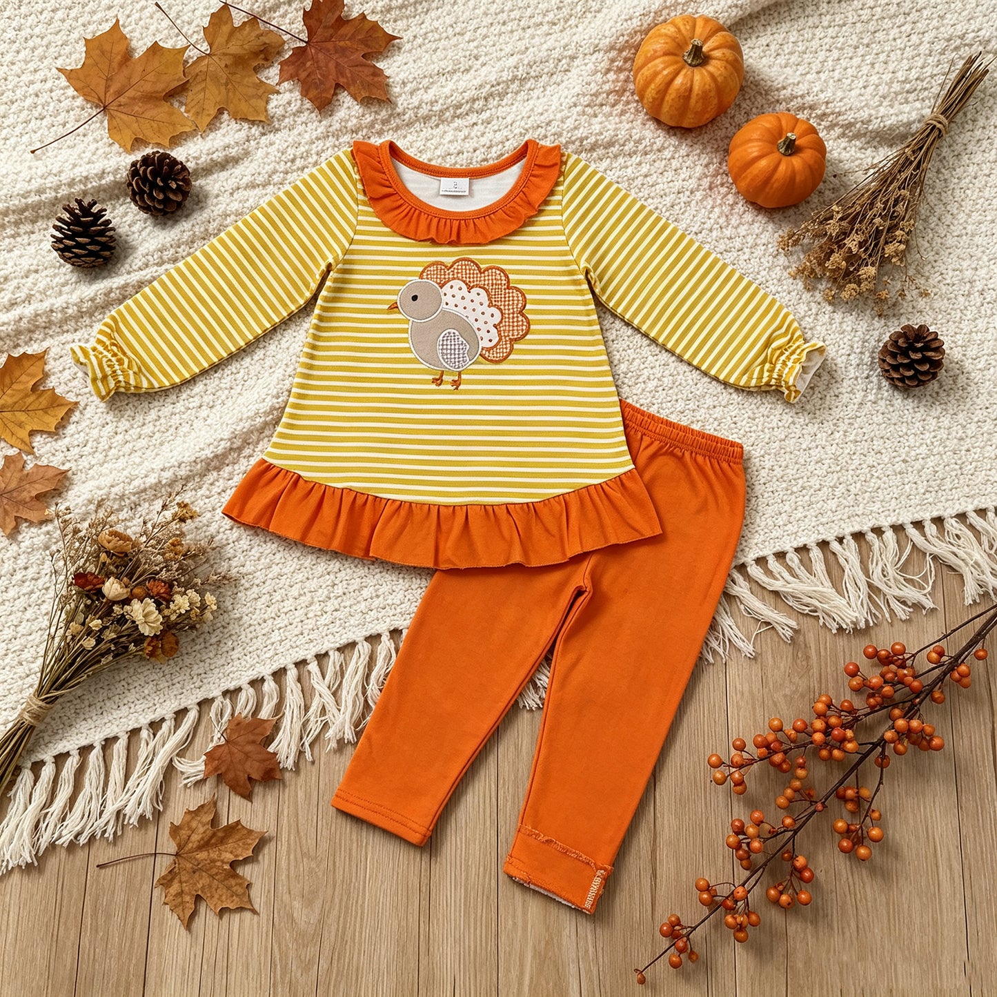 NEW RTS NO MOQ milk silk GLP3493 Embroidery Girls Orange Stripe Turkey Print Tunic Matching Legging Pant Thanksgiving Clothes Set