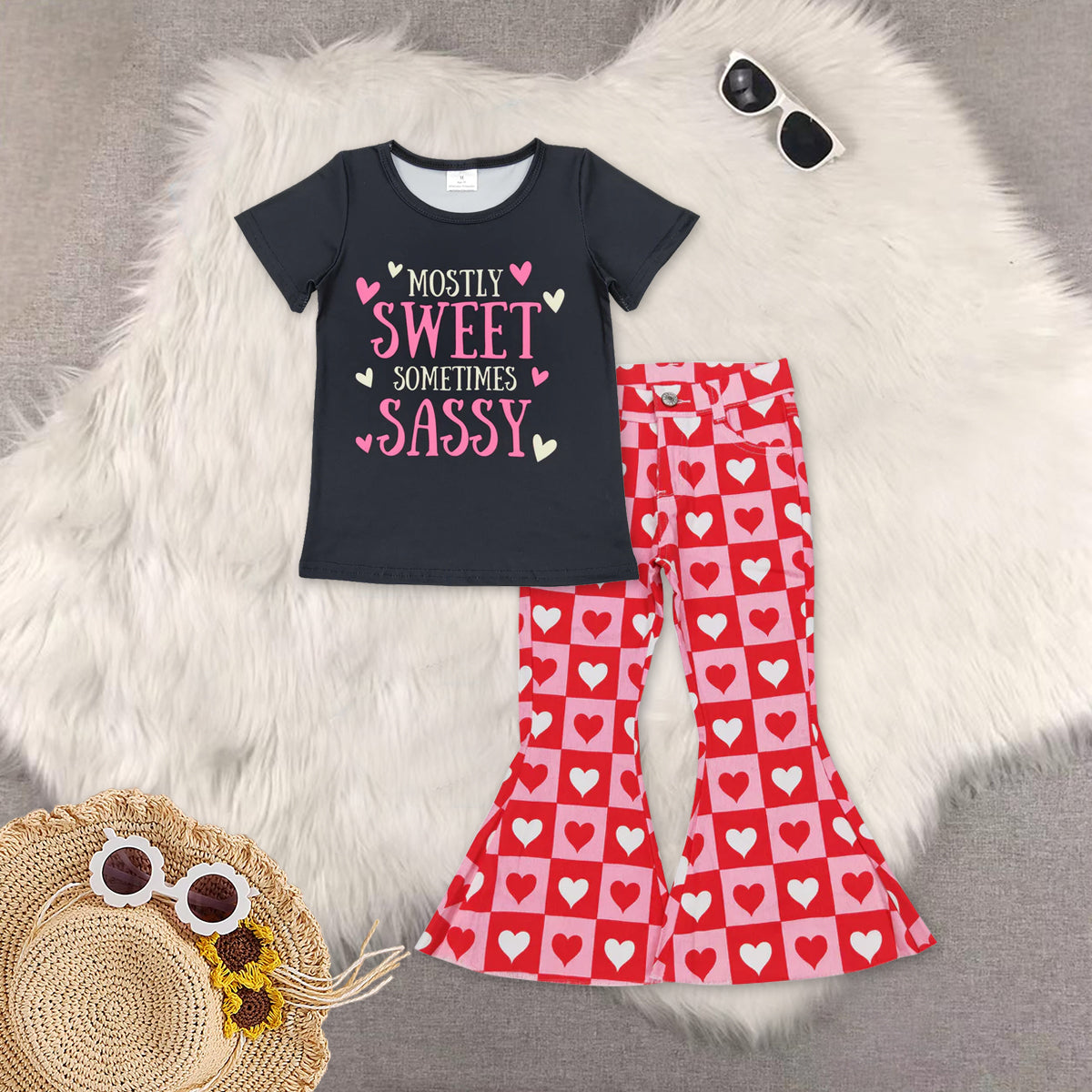 RTS NO MOQ（In Stock) baby girls clothes black short-sleeved top demin pants set