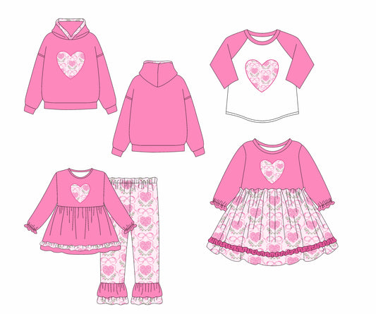 25.7.14 custom each style moq 5eta 4-6week Sibling Sisters love bow pink baby girl long sleeve pants sets and dress and top 1 and top 2 match family design