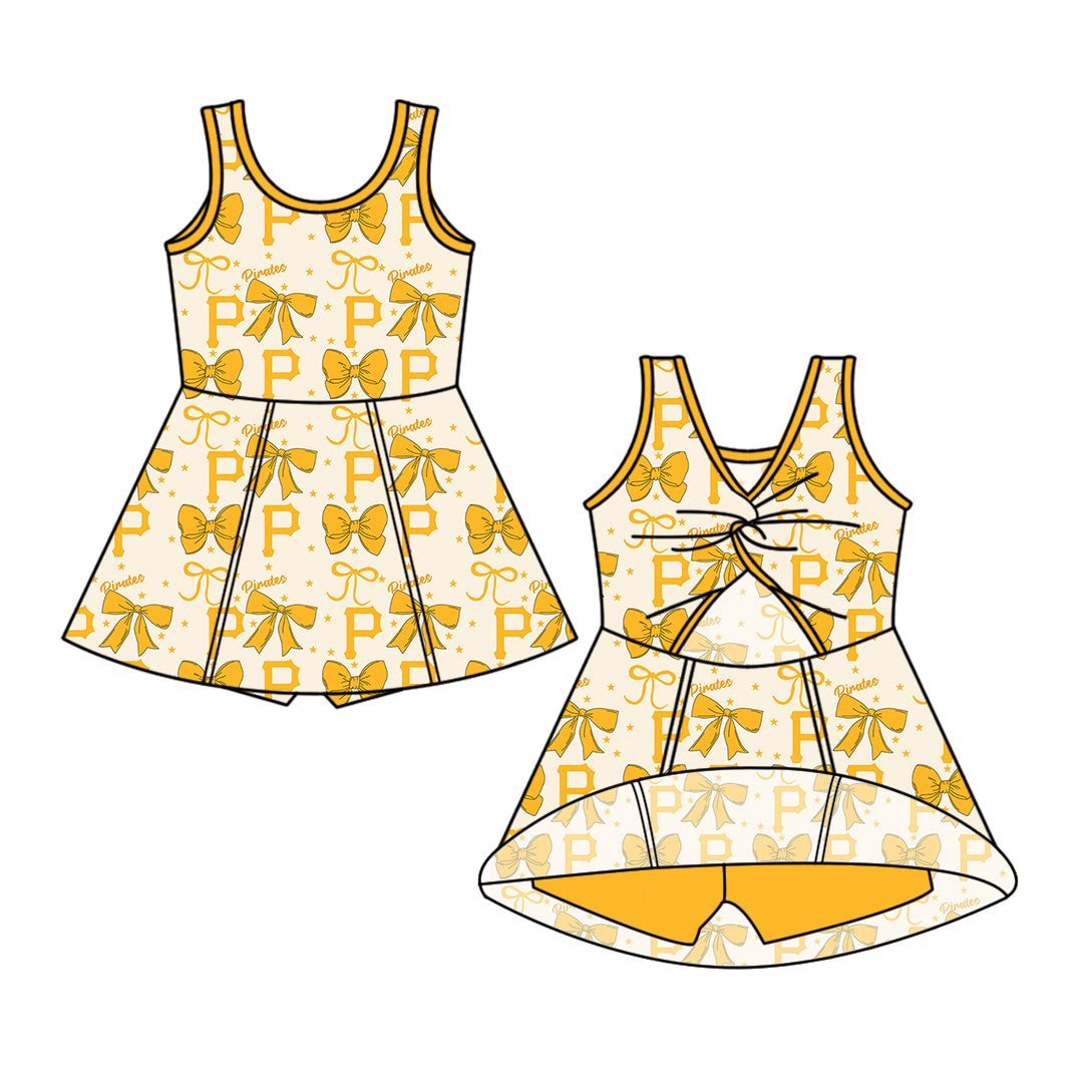 Custom moq 5 mix size milk silk summer teams baby girls clothes team bow yellow sleeveless skirts sets and dress 1 and dress 2 and top-25.6.21