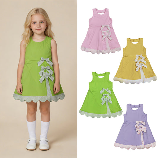 RTS NO MOQ Sibling yoga fabric Girls Sleeveless Bows Shorts Scallop Knee Length Dresses