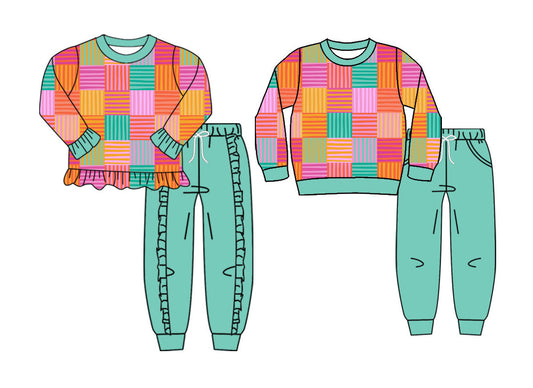 25.9.26 custom each style moq 8 eta 6-8week Sibling Sisters baby girl long sleeve pants sets 2 match family design