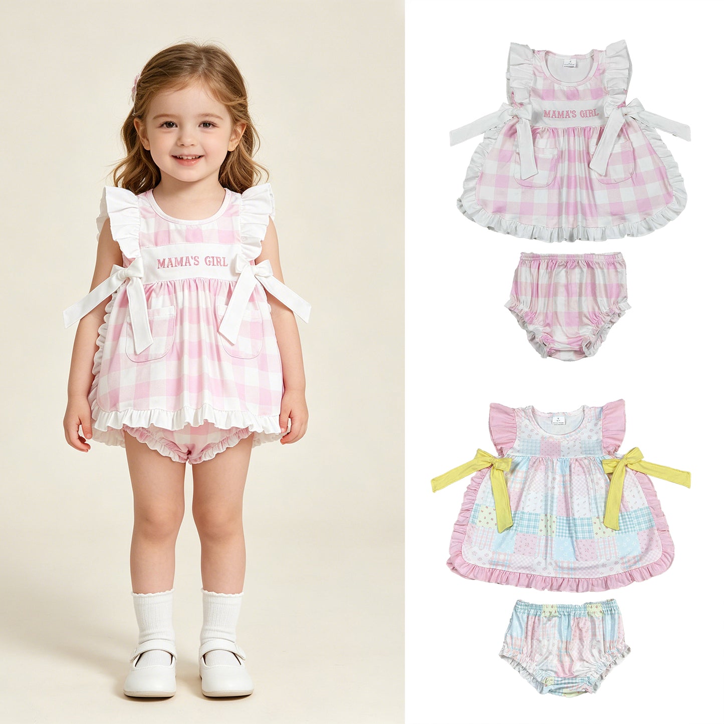 RTS NO MOQ milk silk Sibling Baby Girls Pink Checked Plaid Mama's Girl Embroidery Clothes Set