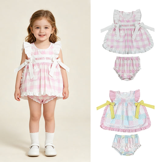 RTS NO MOQ milk silk Sibling Baby Girls Pink Checked Plaid Mama's Girl Embroidery Clothes Set