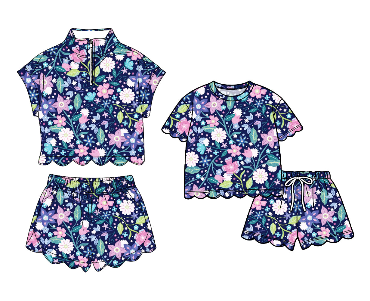 3.16 Custom moq 5 mix size Sibling Baby Girls Flowers Scallop Top And Shorts Outfit Set Cute Baby Girl Clothing Set