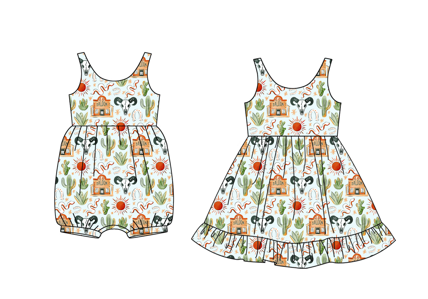 25.12.9 custom each style moq 5 eta 6-8week Sibling Siste catcus cow head baby short sleeve romper and dress match design