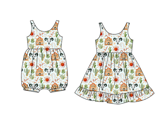 25.12.9 custom each style moq 5 eta 6-8week Sibling Siste catcus cow head baby short sleeve romper and dress match design