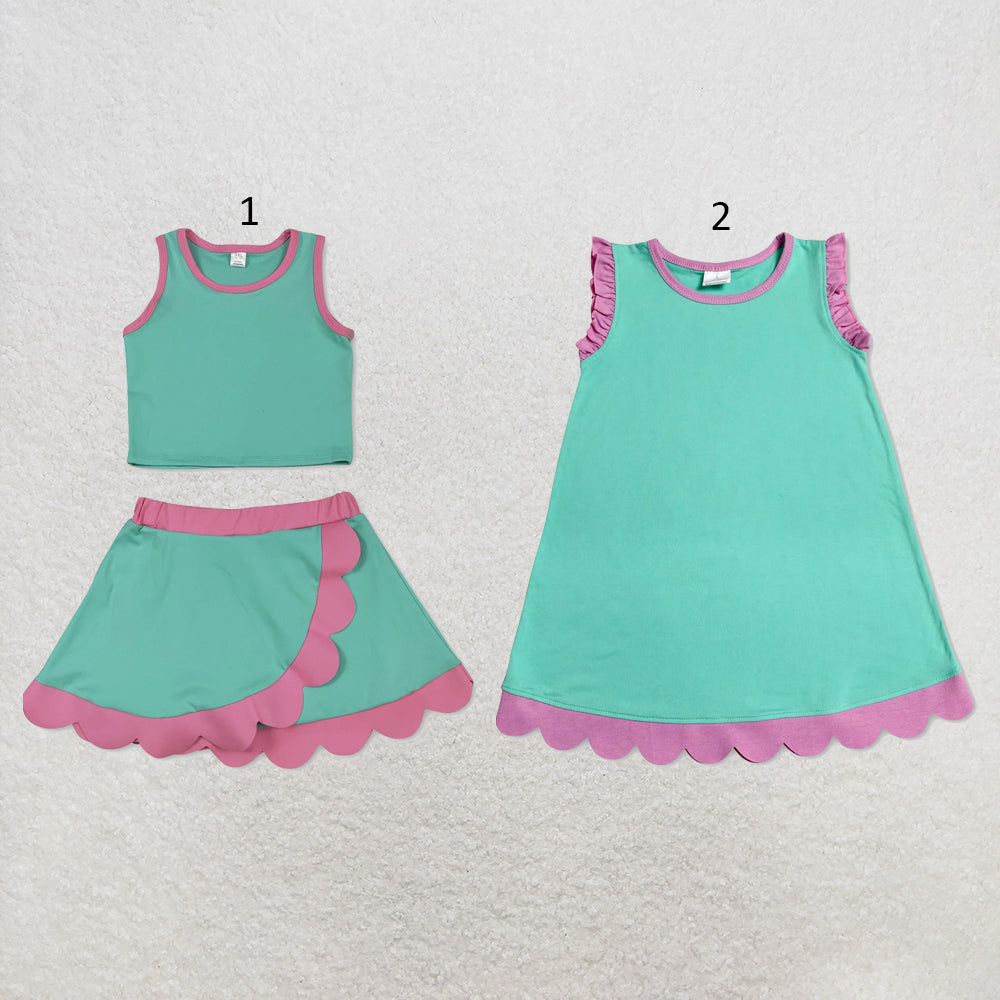 RTS NO MOQ Sibling cotton Baby Girls Pink Aqua Sleeveless Vest And Scallop Hem Short Skirt Yoga Set Scallop Knee Length Dresses