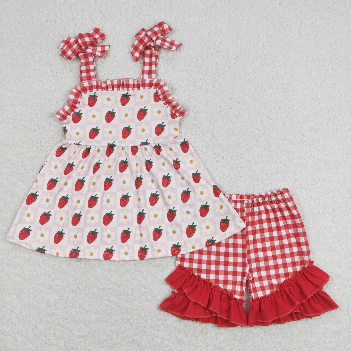 RTS NO MOQ baby girl clothes strawberry short-sleeved shorts sets and romper dress