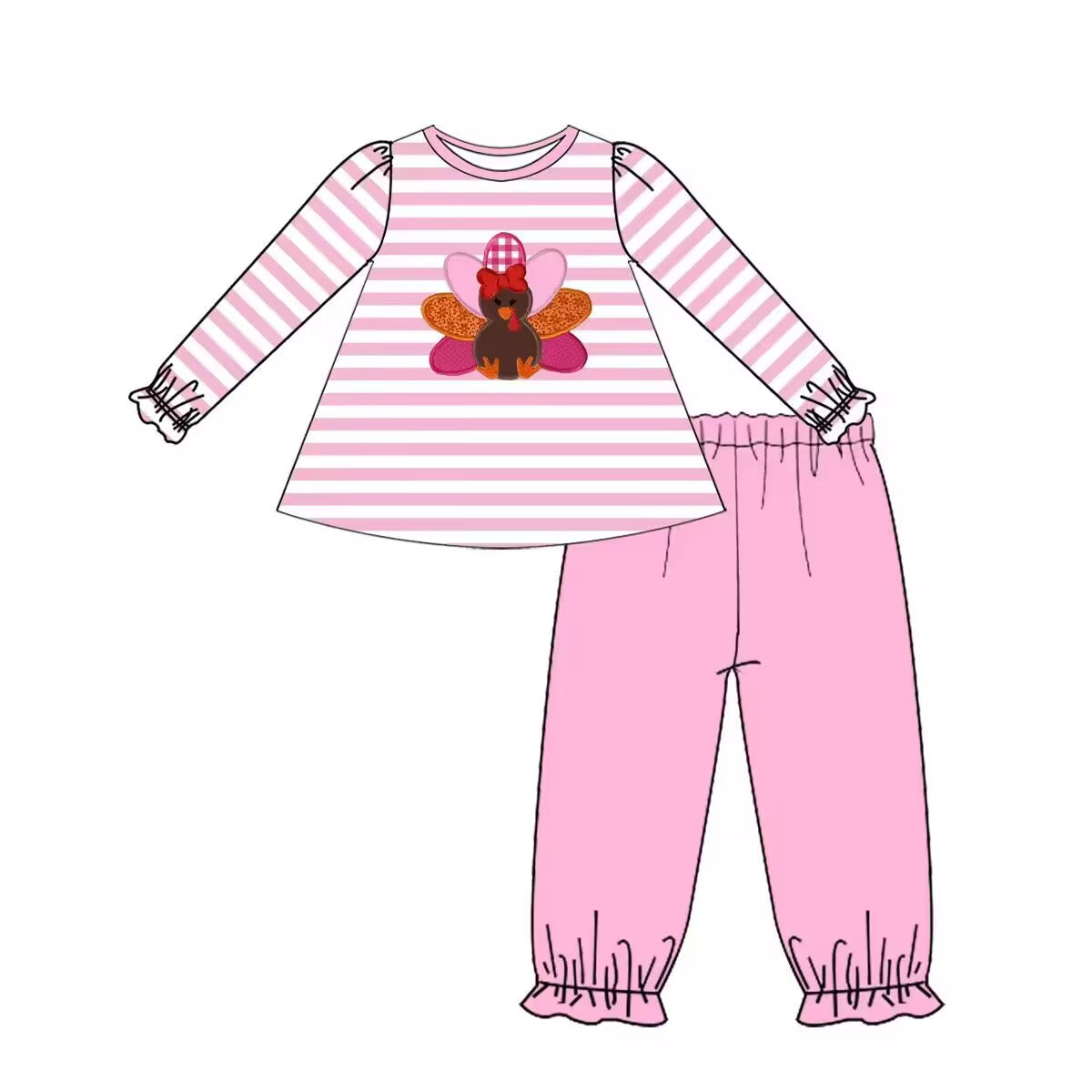 Custom moq 5 eta 6-8weeks Girls Long Sleeve Bird Pink Striped Lace Cuff Suit