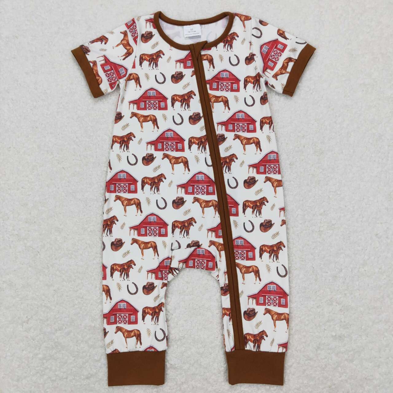 RTS NO MOQ（In Stock) SR0509 Farm Red House Horse Brown Beige Zip Short Sleeve Jumpsuit