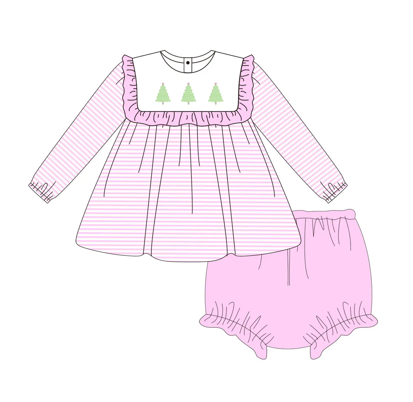 Custom moq 3 eta 7/8week moq 5 eta /4/5week  Green Christmas tree pattern pink square neck striped long sleeve thong set