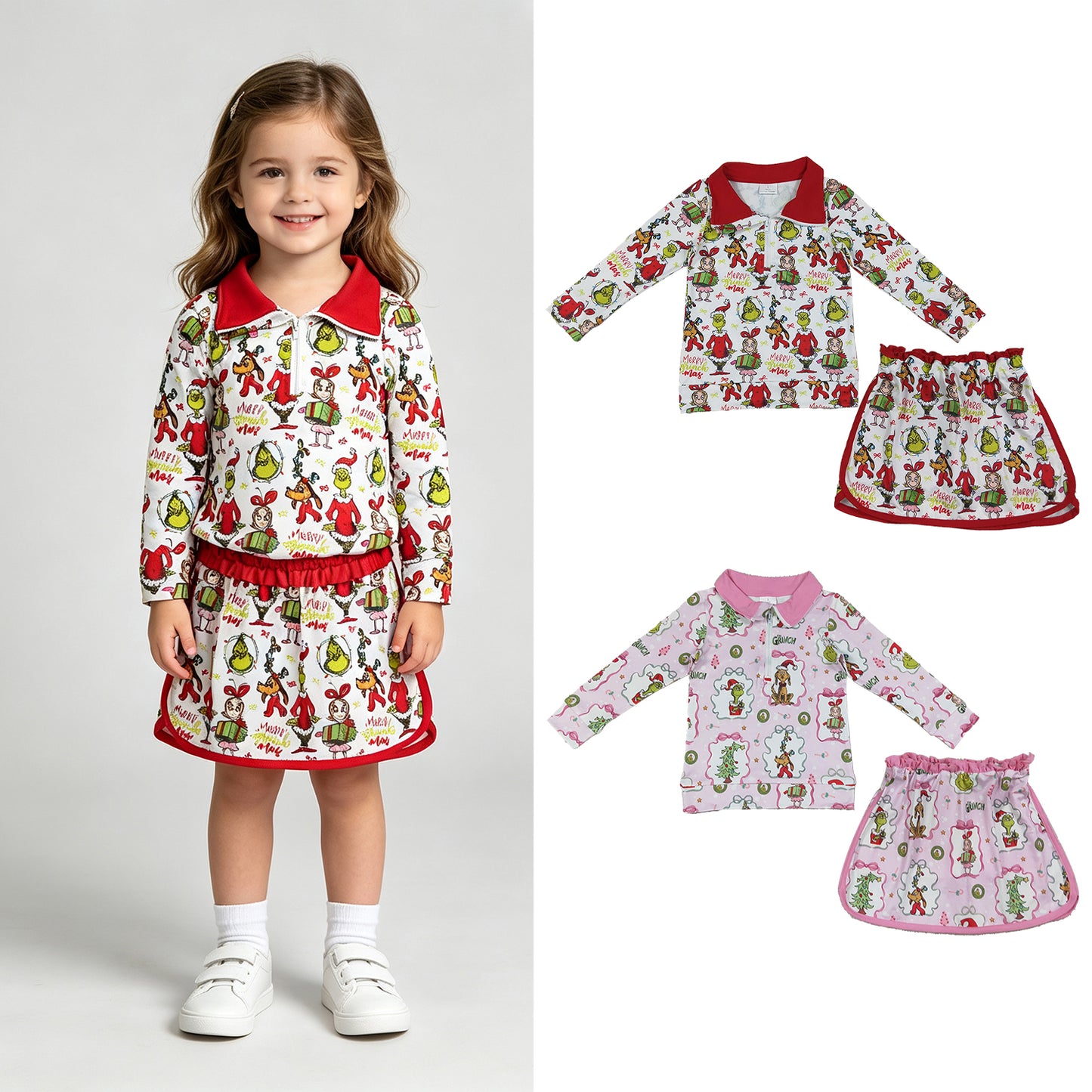 RTS NO MOQ Sibling milk silk Baby Girls Long Sleeve Zip Top Skort Holiday Casual Christmas Clothes Set