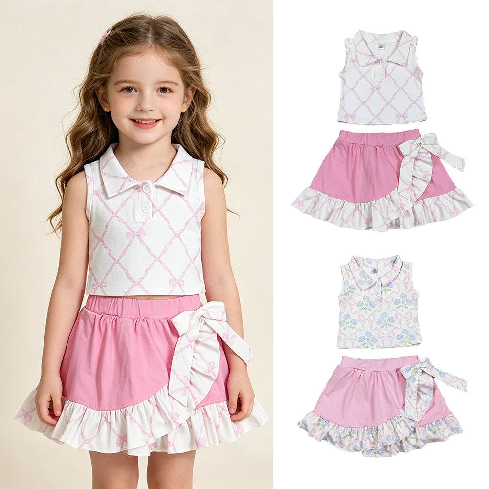 RTS NO MOQ Sibling Baby Girls Yoga Active Clothes Set Bows Flowers Button Vest Top Ruffle Skirt Shorts Outfit