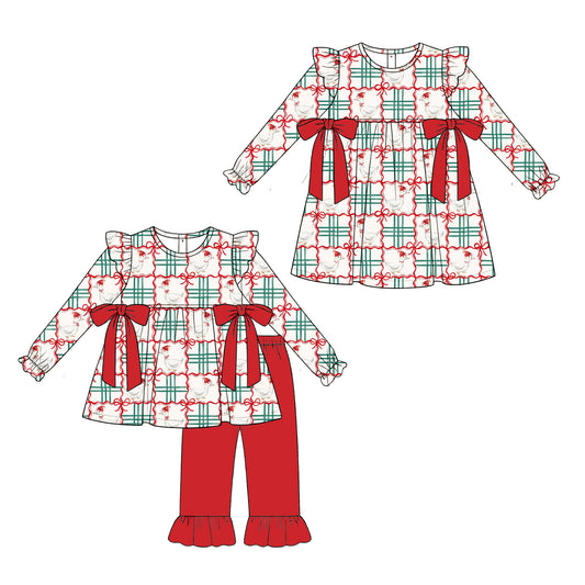 (Preorder new) No moq milk silk Baby Girls Cute Goose Checked Bow Tunic Ruffle Pant Sets Fall Knee Length Dress