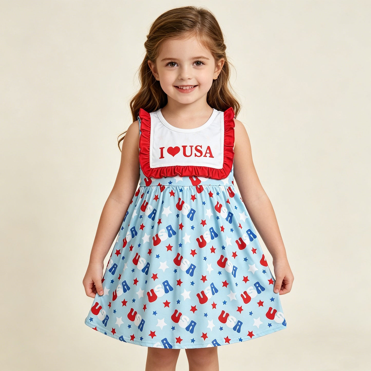 RTS NO MOQ GSD4002 Baby Girls 4th of July Sleeveless I Love USA Stars Knee Length Dresses