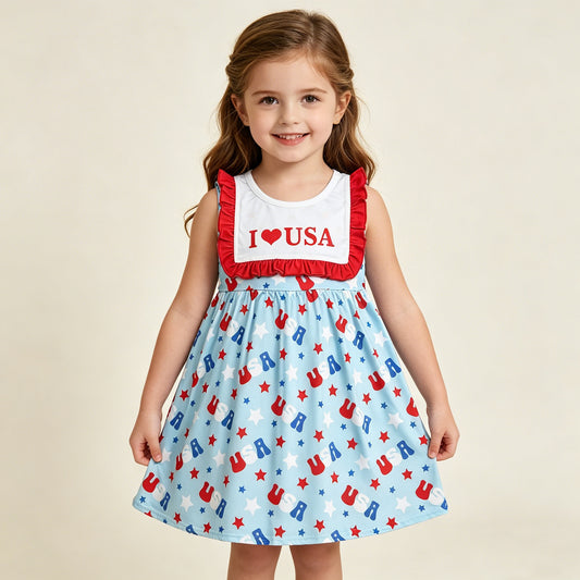 RTS NO MOQ GSD4002 Baby Girls 4th of July Sleeveless I Love USA Stars Knee Length Dresses