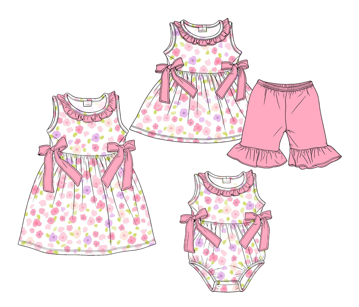 3.18 Custom moq 5 mix size Sibling Baby Girl's Pink Flowers Sleeveless Tunic Ruffle Shorts Set Cute Romper Dress for Summer